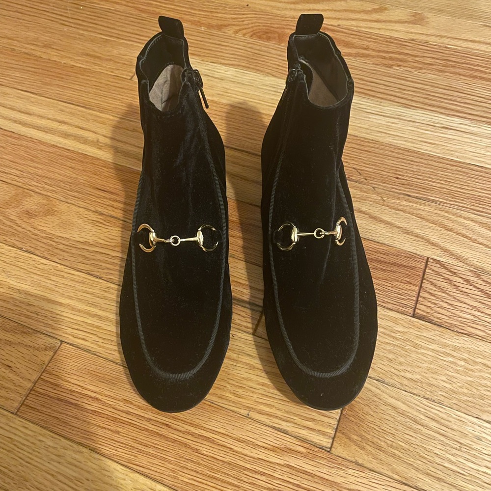 Black Velvet Ankle Booties with Gold Horsebit Detail